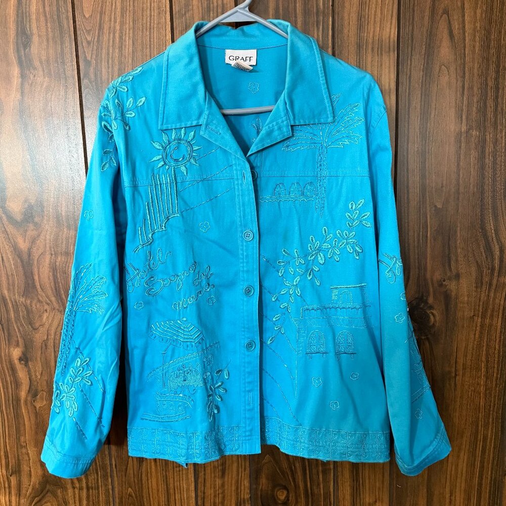 Vintage Graff Bright Blue/Turquoise Beaded Coat Jacket, L
